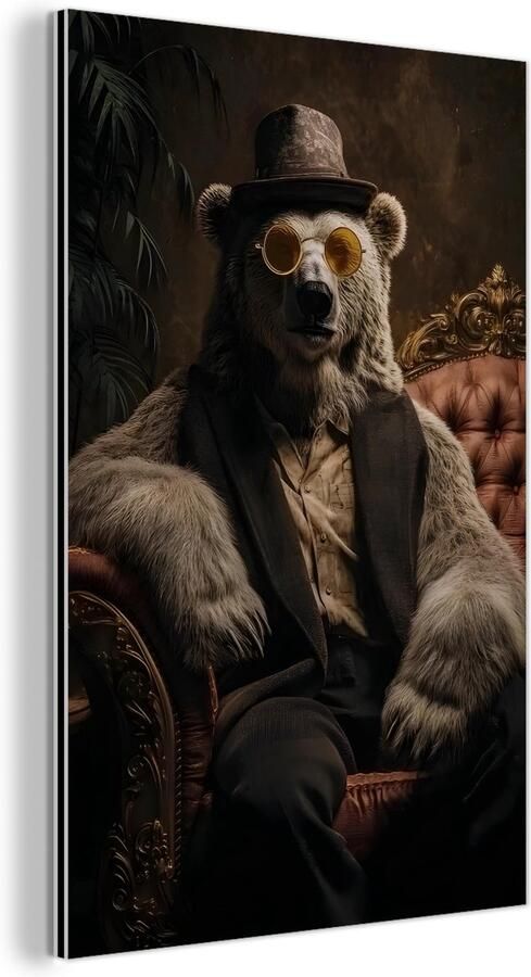 MuchoWow Aluminium schilderij 120x180 cm Wanddecoratie metaal Ijsbeer Hoed Bril Stoel Metalen muurdecoratie woonkamer Decoratie industrieel Foto op dibond Industriële accessoires slaapkamer