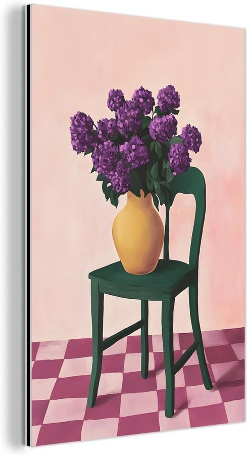 MuchoWow Aluminium schilderij 60x90 cm Wanddecoratie metaal Stoel Vaas Bloemen Geblokt Metalen muurdecoratie woonkamer Decoratie industrieel Foto op dibond Industriële accessoires slaapkamer