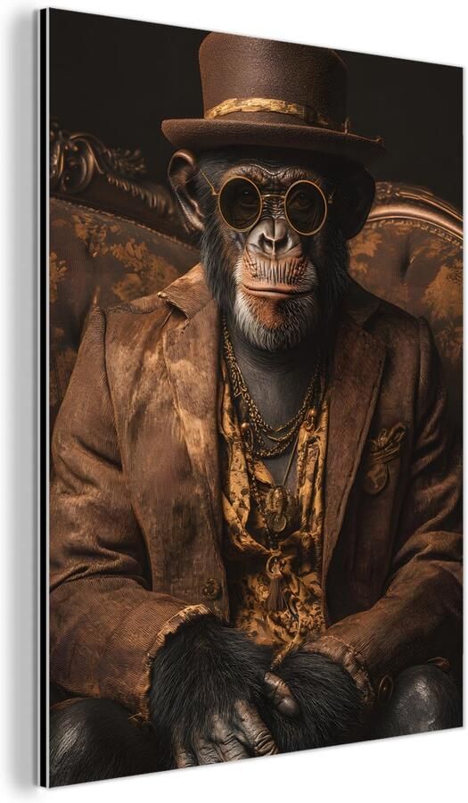 MuchoWow Aluminium schilderij 120x160 cm Wanddecoratie metaal Chimpansee Stoel Pak Bruin Metalen muurdecoratie woonkamer Decoratie industrieel Foto op dibond Industriële accessoires slaapkamer