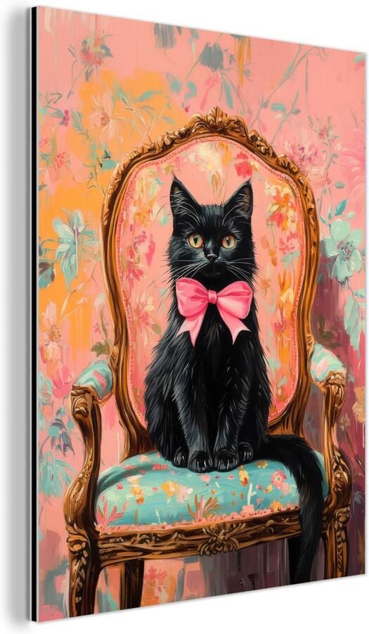 MuchoWow Aluminium schilderij 120x160 cm Wanddecoratie metaal Kat Roze Stoel met bloemenmotief Metalen muurdecoratie woonkamer Decoratie industrieel Foto op dibond Industriële accessoires slaapkamer