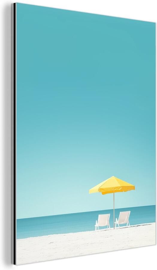 MuchoWow Aluminium schilderij 120x160 cm Wanddecoratie metaal Strand Blauwe lucht Geel Parasol Metalen muurdecoratie woonkamer Decoratie industrieel Foto op dibond Industriële accessoires slaapkamer