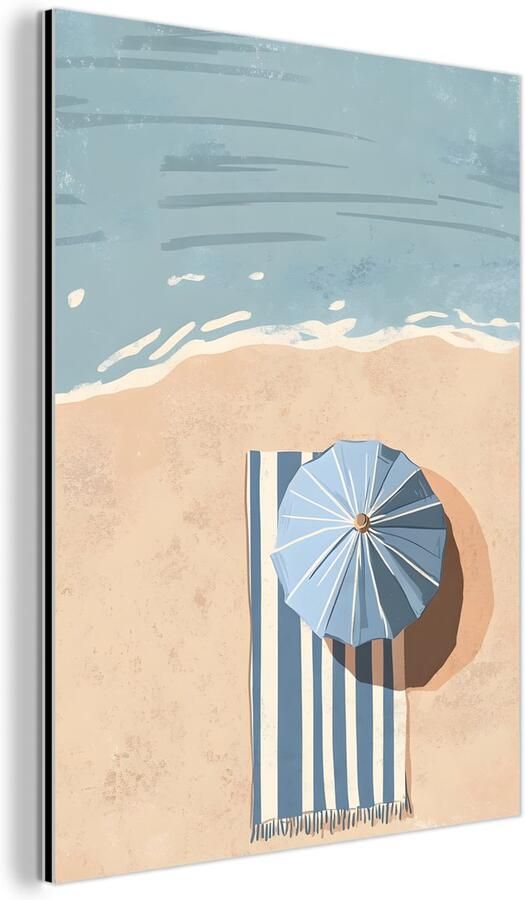 MuchoWow Aluminium schilderij 120x160 cm Wanddecoratie metaal Strandlaken Strepen Parasol Strand Metalen muurdecoratie woonkamer Decoratie industrieel Foto op dibond Industriële accessoires slaapkamer