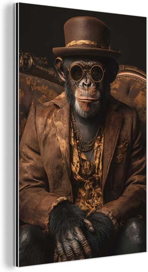 MuchoWow Aluminium schilderij 120x180 cm Wanddecoratie metaal Chimpansee Stoel Pak Bruin Metalen muurdecoratie woonkamer Decoratie industrieel Foto op dibond Industriële accessoires slaapkamer