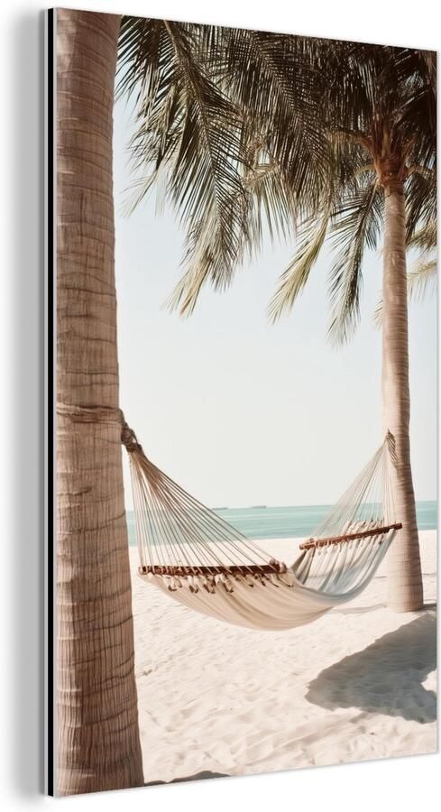 MuchoWow Aluminium schilderij 120x180 cm Wanddecoratie metaal Hangmat Palmbomen Strand Zee Metalen muurdecoratie woonkamer Decoratie industrieel Foto op dibond Industriële accessoires slaapkamer