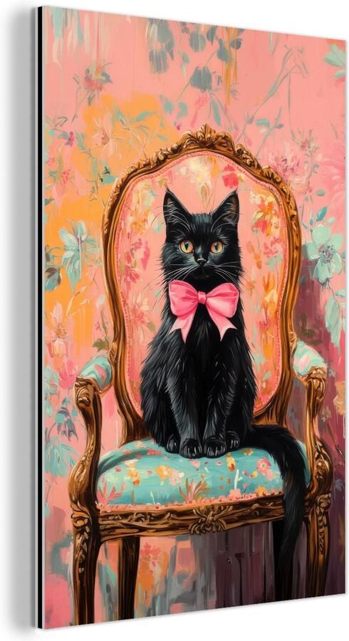 MuchoWow Aluminium schilderij 120x180 cm Wanddecoratie metaal Kat Roze Stoel met bloemenmotief Metalen muurdecoratie woonkamer Decoratie industrieel Foto op dibond Industriële accessoires slaapkamer