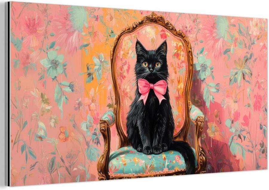 MuchoWow Aluminium schilderij 80x40 cm Wanddecoratie metaal Kat Roze Stoel met bloemenmotief Metalen muurdecoratie woonkamer Decoratie industrieel Foto op dibond Industriële accessoires slaapkamer