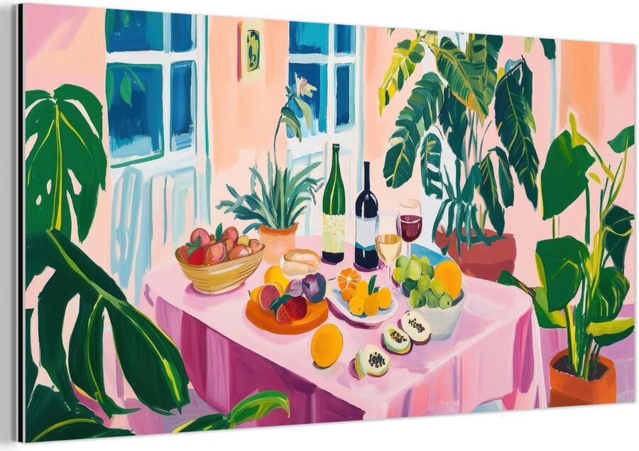MuchoWow Aluminium schilderij 80x40 cm Wanddecoratie metaal Tafel Wijn Fruit Metalen muurdecoratie woonkamer Decoratie industrieel Foto op dibond Industriële accessoires slaapkamer