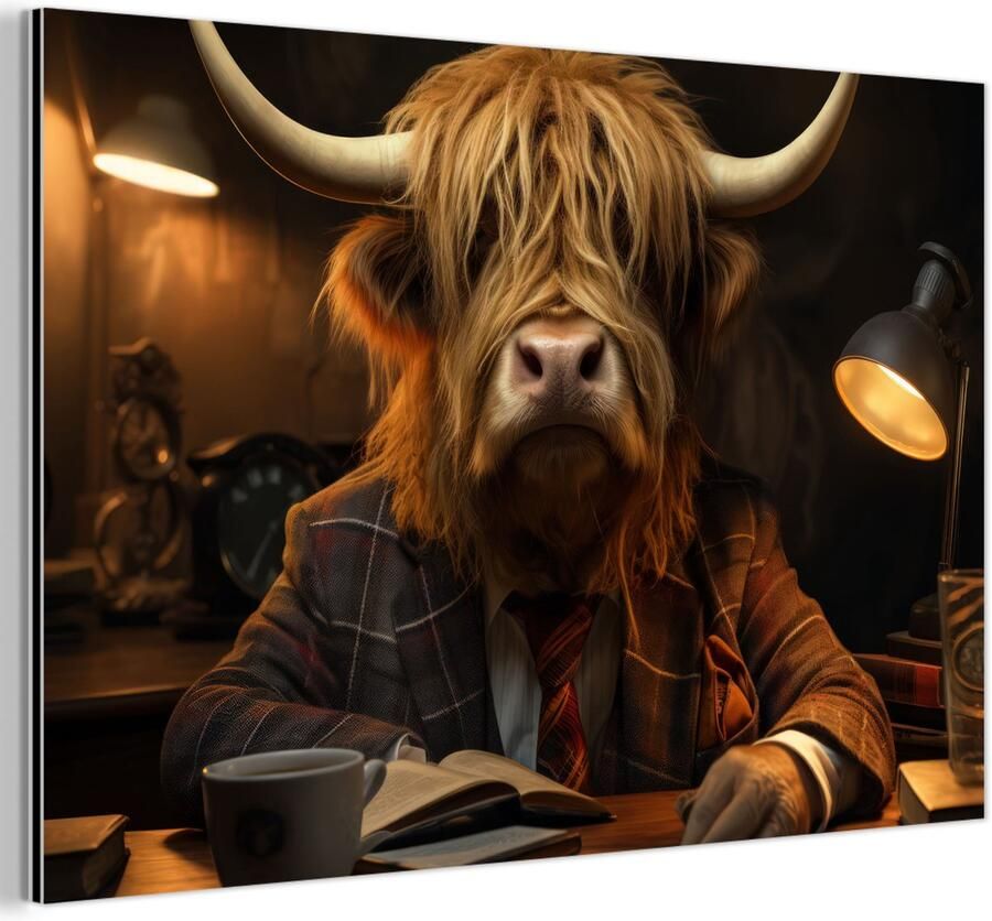 MuchoWow Aluminium schilderij 120x80 cm Wanddecoratie metaal Schotse hooglander Dier Pak Bureau Metalen muurdecoratie woonkamer Decoratie industrieel Foto op dibond Industriële accessoires slaapkamer