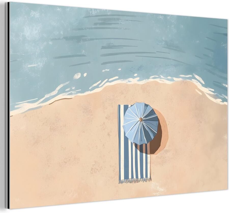 MuchoWow Aluminium schilderij 90x60 cm Wanddecoratie metaal Strandlaken Strepen Parasol Strand Metalen muurdecoratie woonkamer Decoratie industrieel Foto op dibond Industriële accessoires slaapkamer
