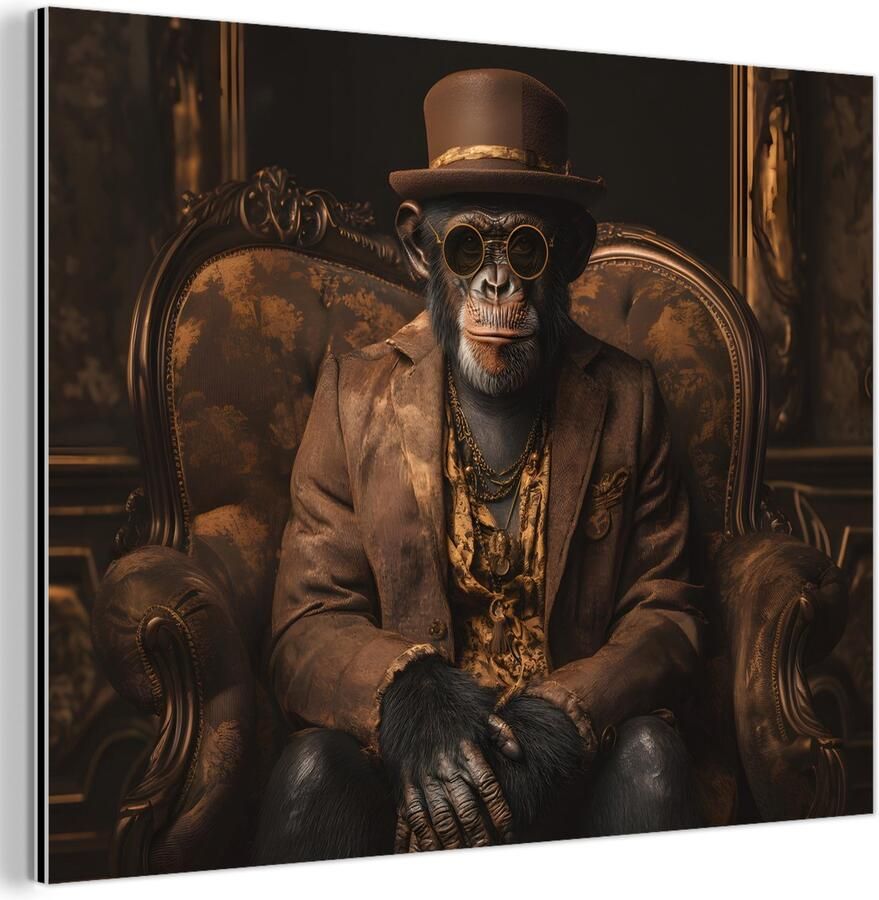 MuchoWow Aluminium schilderij 160x120 cm Wanddecoratie metaal Chimpansee Stoel Pak Bruin Metalen muurdecoratie woonkamer Decoratie industrieel Foto op dibond Industriële accessoires slaapkamer