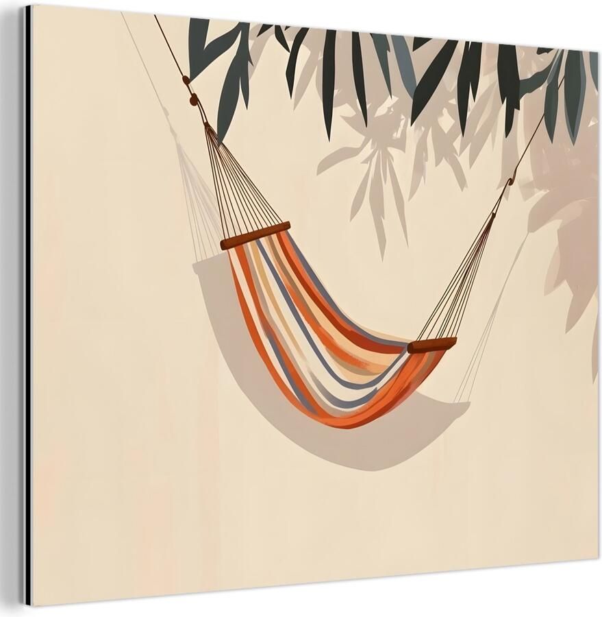 MuchoWow Aluminium schilderij 120x90 cm Wanddecoratie metaal Hangmat Kleurrijk Bladeren Schaduw Metalen muurdecoratie woonkamer Decoratie industrieel Foto op dibond Industriële accessoires slaapkamer