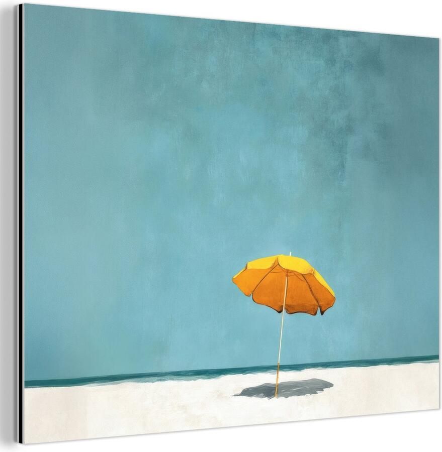 MuchoWow Aluminium schilderij 80x60 cm Wanddecoratie metaal Parasol Geel Strand Zee Metalen muurdecoratie woonkamer Decoratie industrieel Foto op dibond Industriële accessoires slaapkamer