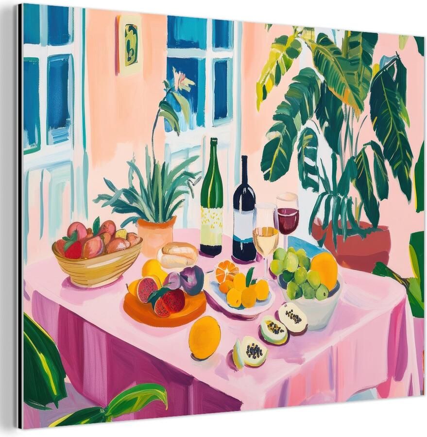 MuchoWow Aluminium schilderij 120x90 cm Wanddecoratie metaal Tafel Wijn Fruit Metalen muurdecoratie woonkamer Decoratie industrieel Foto op dibond Industriële accessoires slaapkamer