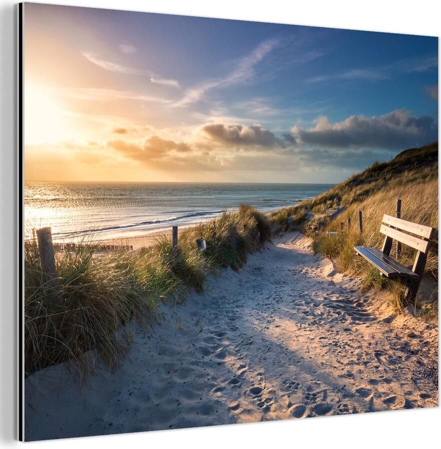 MuchoWow Aluminium schilderij 160x120 cm Wanddecoratie metaal Zonsondergang Strand Duin Gras Bank Metalen muurdecoratie woonkamer Decoratie industrieel Foto op dibond Industriële accessoires slaapkamer