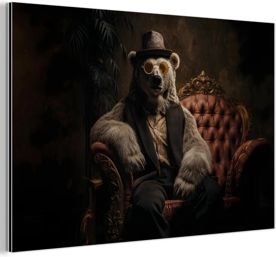MuchoWow Aluminium schilderij 90x60 cm Wanddecoratie metaal Ijsbeer Hoed Bril Stoel Metalen muurdecoratie woonkamer Decoratie industrieel Foto op dibond Industriële accessoires slaapkamer
