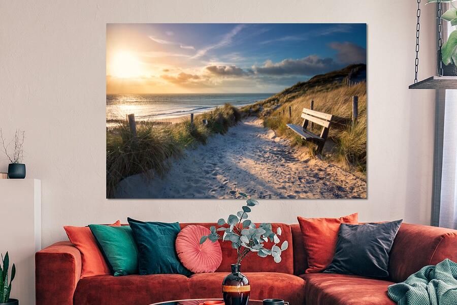 MuchoWow Aluminium schilderij 150x100 cm Wanddecoratie metaal Zonsondergang Strand Duin Gras Bank Metalen muurdecoratie woonkamer Decoratie industrieel Foto op dibond Industriële accessoires slaapkamer