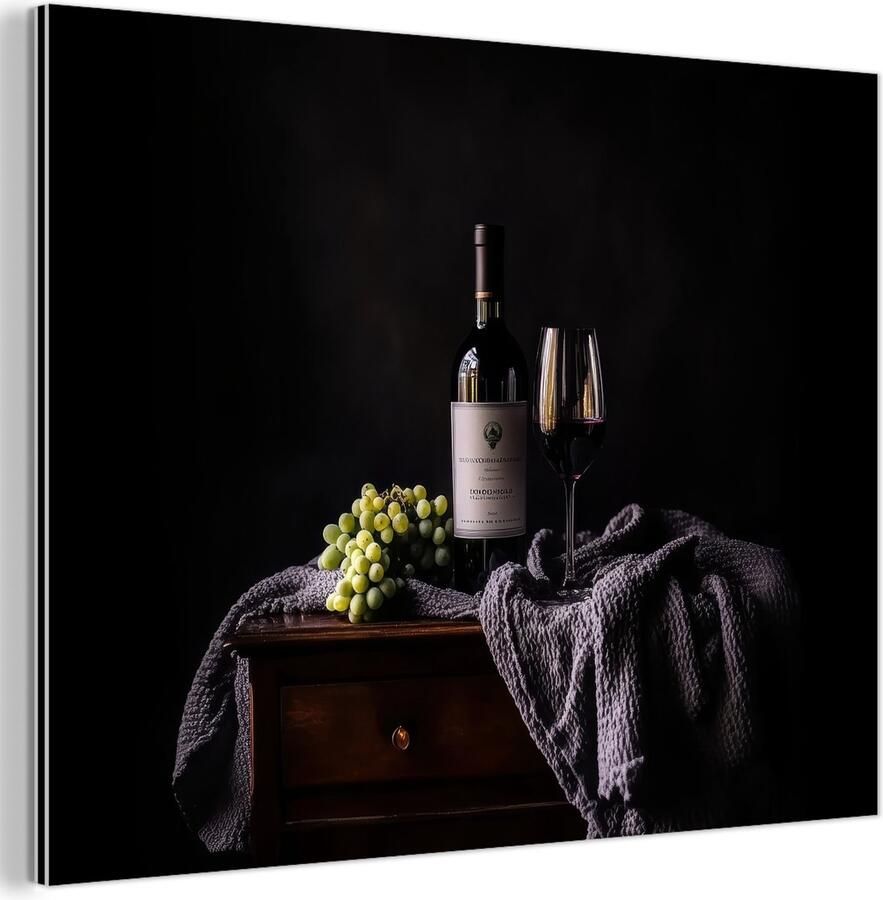 MuchoWow Aluminium schilderij 120x90 cm Wanddecoratie metaal Druiven Wijn Rood Tafel Metalen muurdecoratie woonkamer Decoratie industrieel Foto op dibond Industriële accessoires slaapkamer