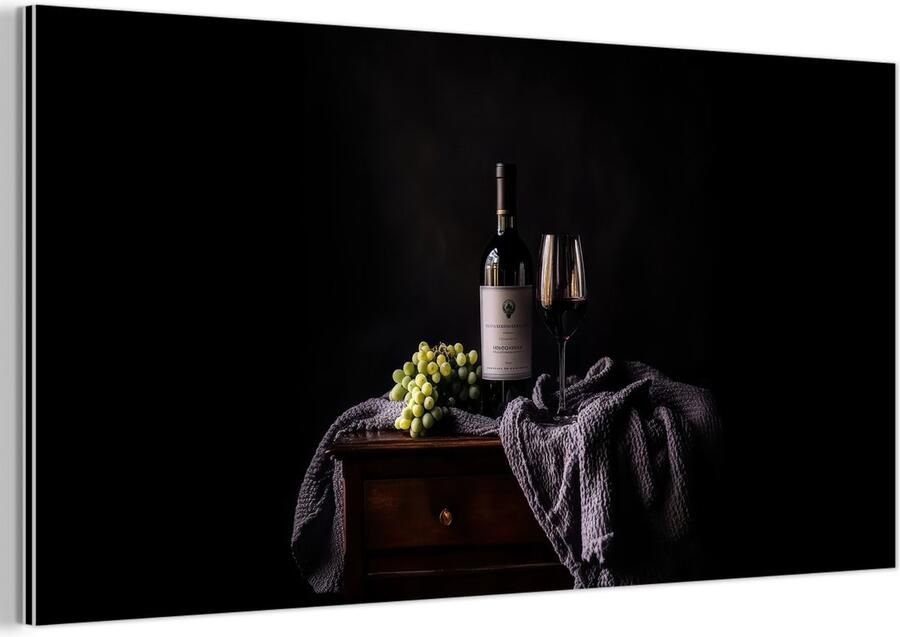 MuchoWow Aluminium schilderij 120x60 cm Wanddecoratie metaal Druiven Wijn Rood Tafel Metalen muurdecoratie woonkamer Decoratie industrieel Foto op dibond Industriële accessoires slaapkamer
