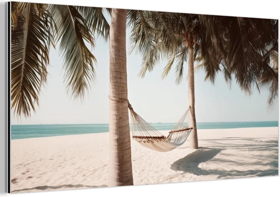MuchoWow Aluminium schilderij 120x60 cm Wanddecoratie metaal Hangmat Palmbomen Strand Zee Metalen muurdecoratie woonkamer Decoratie industrieel Foto op dibond Industriële accessoires slaapkamer