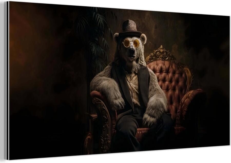 MuchoWow Aluminium schilderij 80x40 cm Wanddecoratie metaal Ijsbeer Hoed Bril Stoel Metalen muurdecoratie woonkamer Decoratie industrieel Foto op dibond Industriële accessoires slaapkamer