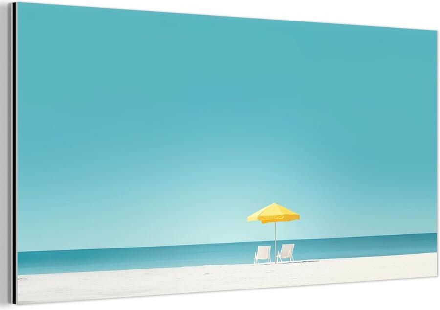 MuchoWow Aluminium schilderij 80x40 cm Wanddecoratie metaal Strand Blauwe lucht Geel Parasol Metalen muurdecoratie woonkamer Decoratie industrieel Foto op dibond Industriële accessoires slaapkamer