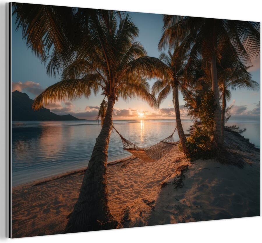 MuchoWow Aluminium schilderij 120x80 cm Wanddecoratie metaal Palmbomen Hangmat Strand Zonsondergang Metalen muurdecoratie woonkamer Decoratie industrieel Foto op dibond Industriële accessoires slaapkamer