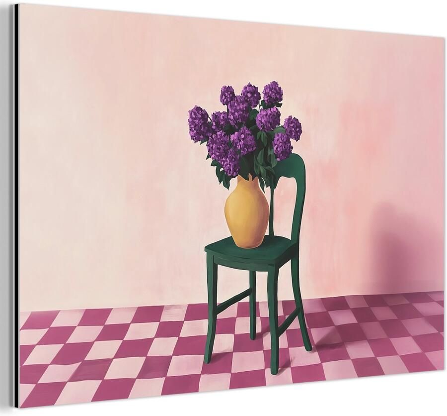 MuchoWow Aluminium schilderij 150x100 cm Wanddecoratie metaal Stoel Vaas Bloemen Geblokt Metalen muurdecoratie woonkamer Decoratie industrieel Foto op dibond Industriële accessoires slaapkamer