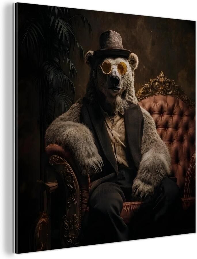 MuchoWow Aluminium schilderij 50x50 cm Wanddecoratie metaal Ijsbeer Hoed Bril Stoel Metalen muurdecoratie woonkamer Decoratie industrieel Foto op dibond Industriële accessoires slaapkamer