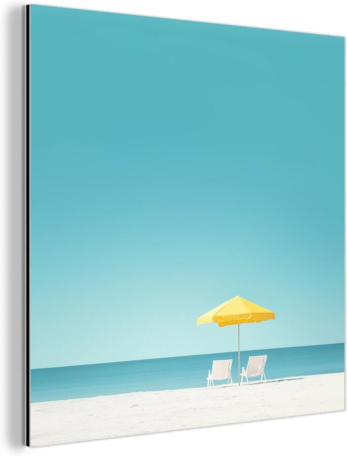 MuchoWow Aluminium schilderij 50x50 cm Wanddecoratie metaal Strand Blauwe lucht Geel Parasol Metalen muurdecoratie woonkamer Decoratie industrieel Foto op dibond Industriële accessoires slaapkamer