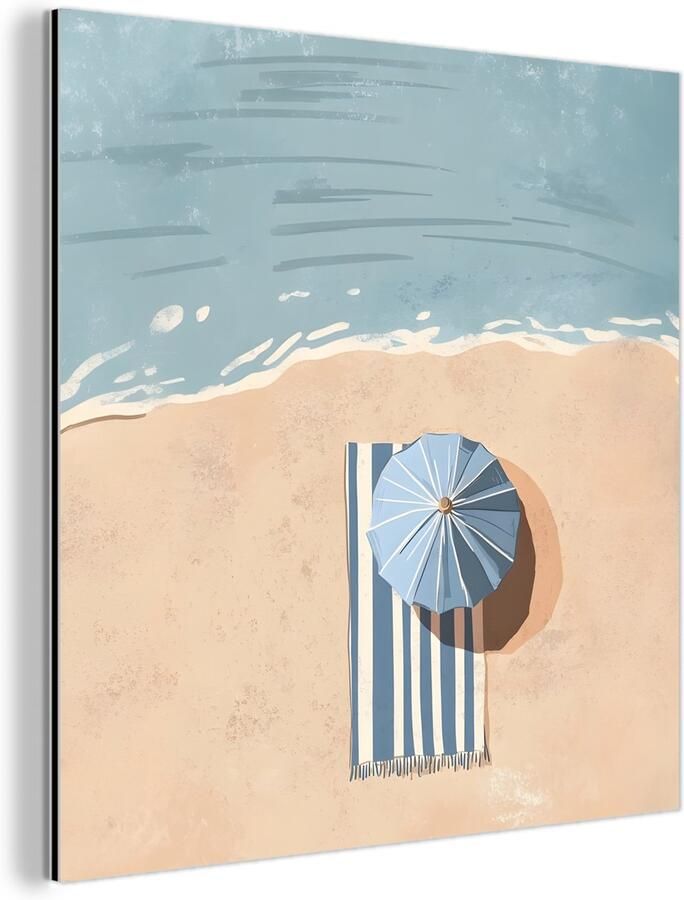MuchoWow Aluminium schilderij 50x50 cm Wanddecoratie metaal Strandlaken Strepen Parasol Strand Metalen muurdecoratie woonkamer Decoratie industrieel Foto op dibond Industriële accessoires slaapkamer