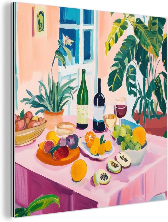MuchoWow Aluminium schilderij 50x50 cm Wanddecoratie metaal Tafel Wijn Fruit Metalen muurdecoratie woonkamer Decoratie industrieel Foto op dibond Industriële accessoires slaapkamer