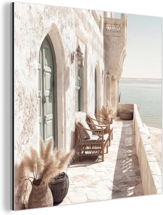 MuchoWow Aluminium schilderij 50x50 cm Wanddecoratie metaal Terras Stoelen Strand Beige Metalen muurdecoratie woonkamer Decoratie industrieel Foto op dibond Industriële accessoires slaapkamer