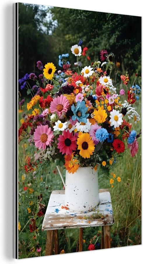 MuchoWow Aluminium schilderij 100x150 cm Wanddecoratie metaal Bloemen Krukje Gieter Veld Metalen muurdecoratie woonkamer Decoratie industrieel Foto op dibond Industriële accessoires slaapkamer