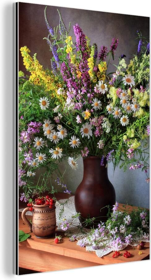 MuchoWow Aluminium schilderij 60x90 cm Wanddecoratie metaal Bloemen Tafel Stilleven Boeket Vaas Metalen muurdecoratie woonkamer Decoratie industrieel Foto op dibond Industriële accessoires slaapkamer