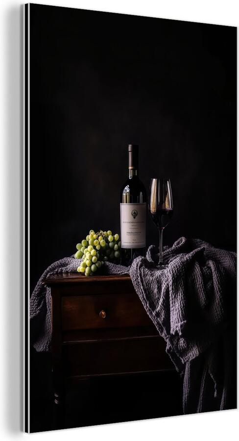 MuchoWow Aluminium schilderij 20x30 cm Wanddecoratie metaal Druiven Wijn Rood Tafel Metalen muurdecoratie woonkamer Decoratie industrieel Foto op dibond Industriële accessoires slaapkamer