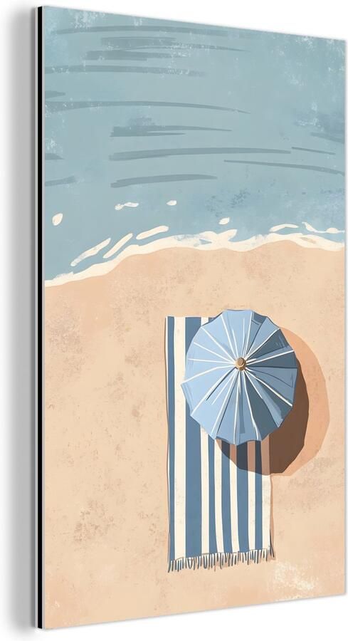 MuchoWow Aluminium schilderij 120x180 cm Wanddecoratie metaal Strandlaken Strepen Parasol Strand Metalen muurdecoratie woonkamer Decoratie industrieel Foto op dibond Industriële accessoires slaapkamer