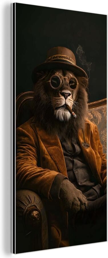 MuchoWow Aluminium schilderij 20x40 cm Wanddecoratie metaal Bril Leeuw Bank Hoed Metalen muurdecoratie woonkamer Decoratie industrieel Foto op dibond Industriële accessoires slaapkamer