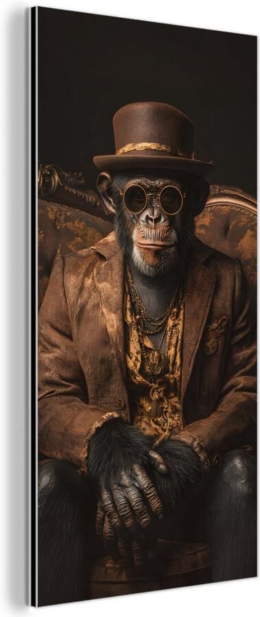 MuchoWow Aluminium schilderij 20x40 cm Wanddecoratie metaal Chimpansee Stoel Pak Bruin Metalen muurdecoratie woonkamer Decoratie industrieel Foto op dibond Industriële accessoires slaapkamer