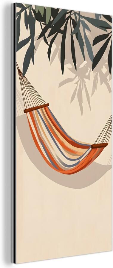 MuchoWow Aluminium schilderij 80x160 cm Wanddecoratie metaal Hangmat Kleurrijk Bladeren Schaduw Metalen muurdecoratie woonkamer Decoratie industrieel Foto op dibond Industriële accessoires slaapkamer