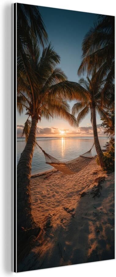 MuchoWow Aluminium schilderij 80x160 cm Wanddecoratie metaal Palmbomen Hangmat Strand Zonsondergang Metalen muurdecoratie woonkamer Decoratie industrieel Foto op dibond Industriële accessoires slaapkamer