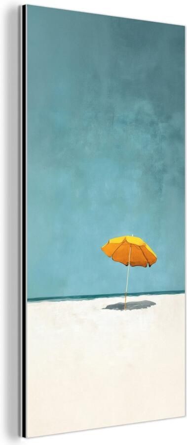 MuchoWow Aluminium schilderij 20x40 cm Wanddecoratie metaal Parasol Geel Strand Zee Metalen muurdecoratie woonkamer Decoratie industrieel Foto op dibond Industriële accessoires slaapkamer