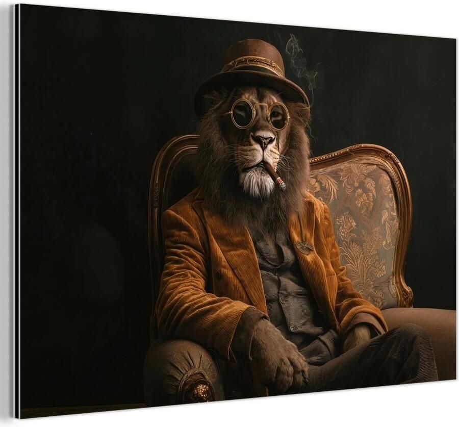MuchoWow Aluminium schilderij 90x60 cm Wanddecoratie metaal Bril Leeuw Bank Hoed Metalen muurdecoratie woonkamer Decoratie industrieel Foto op dibond Industriële accessoires slaapkamer