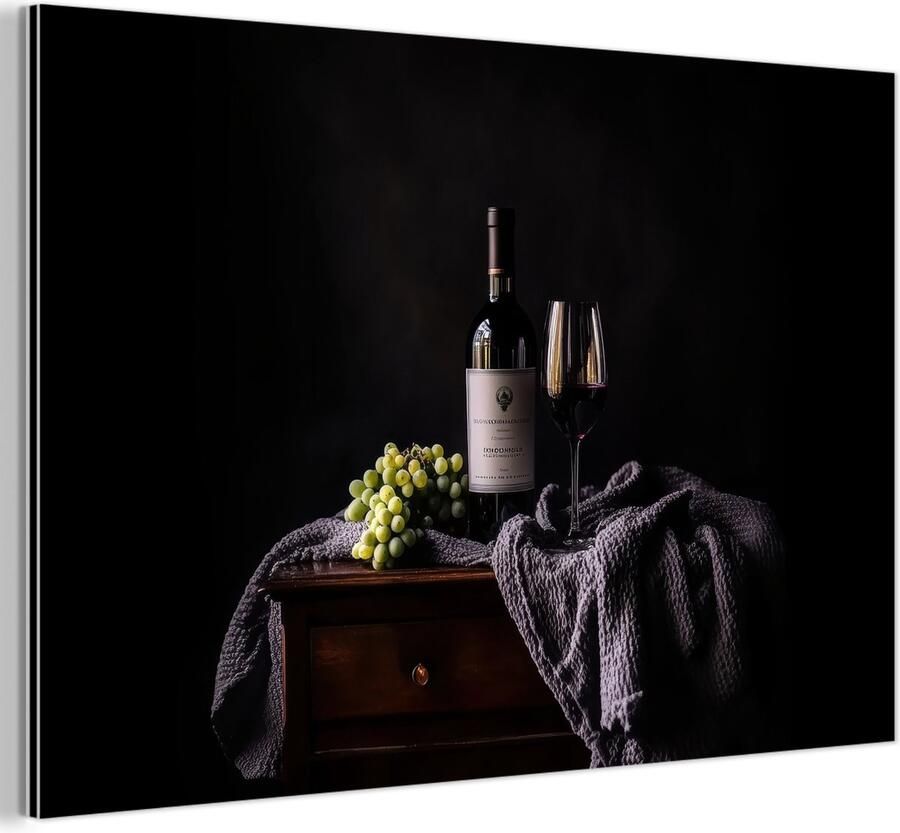 MuchoWow Aluminium schilderij 60x40 cm Wanddecoratie metaal Druiven Wijn Rood Tafel Metalen muurdecoratie woonkamer Decoratie industrieel Foto op dibond Industriële accessoires slaapkamer