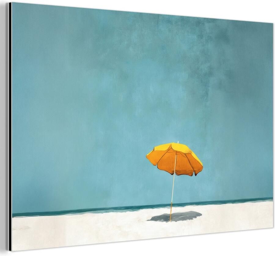 MuchoWow Aluminium schilderij 90x60 cm Wanddecoratie metaal Parasol Geel Strand Zee Metalen muurdecoratie woonkamer Decoratie industrieel Foto op dibond Industriële accessoires slaapkamer