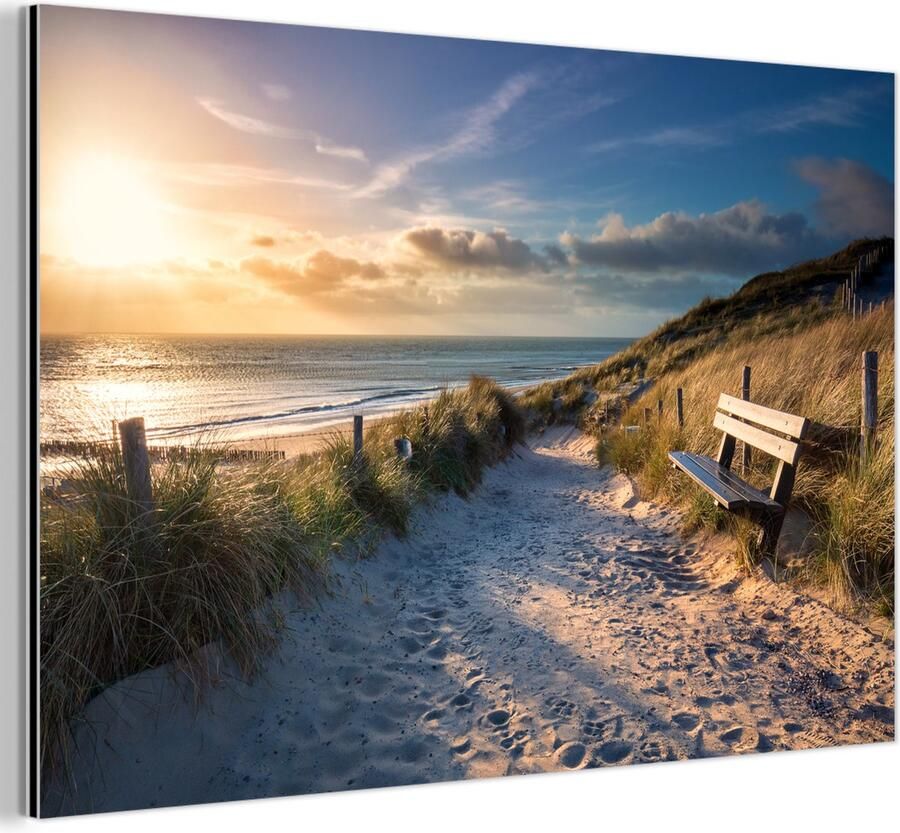 MuchoWow Aluminium schilderij 60x40 cm Wanddecoratie metaal Zonsondergang Strand Duin Gras Bank Metalen muurdecoratie woonkamer Decoratie industrieel Foto op dibond Industriële accessoires slaapkamer