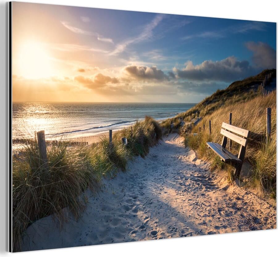 MuchoWow Aluminium schilderij 30x20 cm Wanddecoratie metaal Zonsondergang Strand Duin Gras Bank Metalen muurdecoratie woonkamer Decoratie industrieel Foto op dibond Industriële accessoires slaapkamer