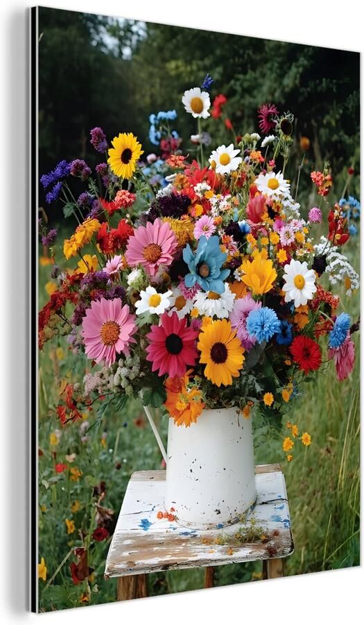 MuchoWow Aluminium schilderij 30x40 cm Wanddecoratie metaal Bloemen Krukje Gieter Veld Metalen muurdecoratie woonkamer Decoratie industrieel Foto op dibond Industriële accessoires slaapkamer