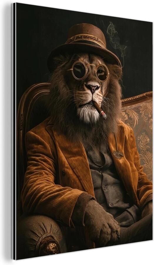 MuchoWow Aluminium schilderij 120x160 cm Wanddecoratie metaal Bril Leeuw Bank Hoed Metalen muurdecoratie woonkamer Decoratie industrieel Foto op dibond Industriële accessoires slaapkamer