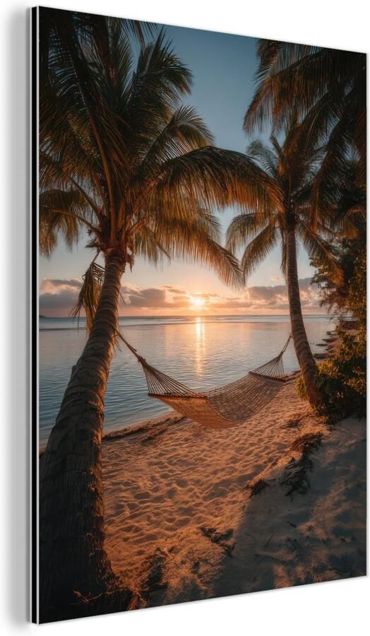 MuchoWow Aluminium schilderij 120x160 cm Wanddecoratie metaal Palmbomen Hangmat Strand Zonsondergang Metalen muurdecoratie woonkamer Decoratie industrieel Foto op dibond Industriële accessoires slaapkamer