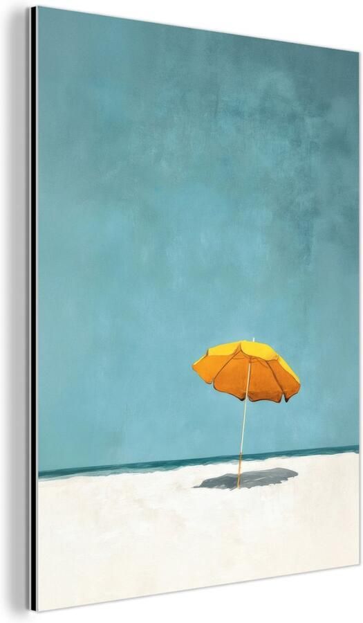 MuchoWow Aluminium schilderij 120x160 cm Wanddecoratie metaal Parasol Geel Strand Zee Metalen muurdecoratie woonkamer Decoratie industrieel Foto op dibond Industriële accessoires slaapkamer
